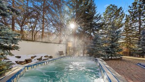 Een jacuzzi omringd door met sneeuw bedekte bomen en een met baksteen bestraat pad.