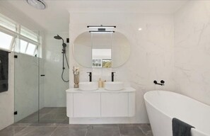 Hair dryer, towels, soap, shampoo