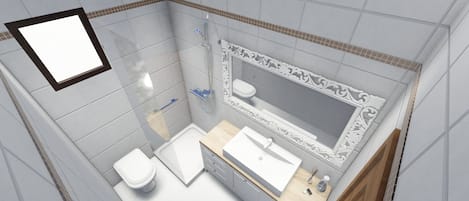 A bathroom with a white sink, toilet, and shower.