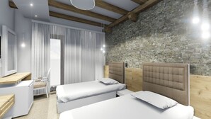 A modern bedroom with two beds, a desk, and a chair. The room features exposed wooden beams, a stone wall, and a large window with curtains. - Hotel Villa Vrsar (Vrsar)