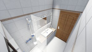 Comfort fyrbäddsrum - balkong - havsutsikt | Badrum | Dusch, gratis toalettartiklar, hårtork och tofflor