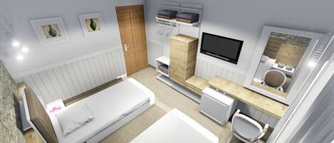Un dormitorio moderno con cama, escritorio, silla, televisor y armario.