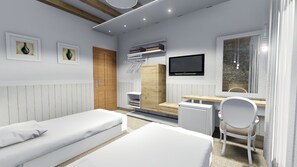 Quarto quádruplo conforto, sacada, vista para o mar | Cofres nos quartos, escrivaninha, cortinas blackout, Wi-Fi de cortesia