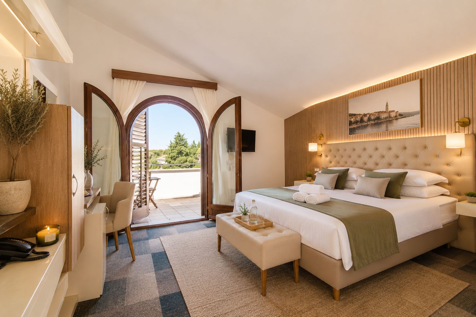 A hotel room with a bed, a desk, a chair, a small table with a tray, and a view of the outdoors.