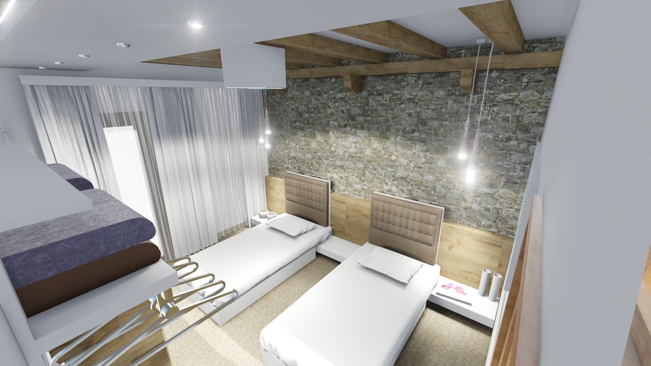 A modern room with a bunk bed, a single bed, and a stone wall.