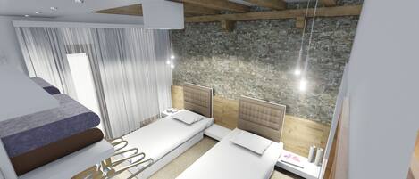 A modern room with a bunk bed, a single bed, and a stone wall.