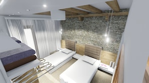 Una habitación moderna con una litera, una cama individual y una pared de piedra.