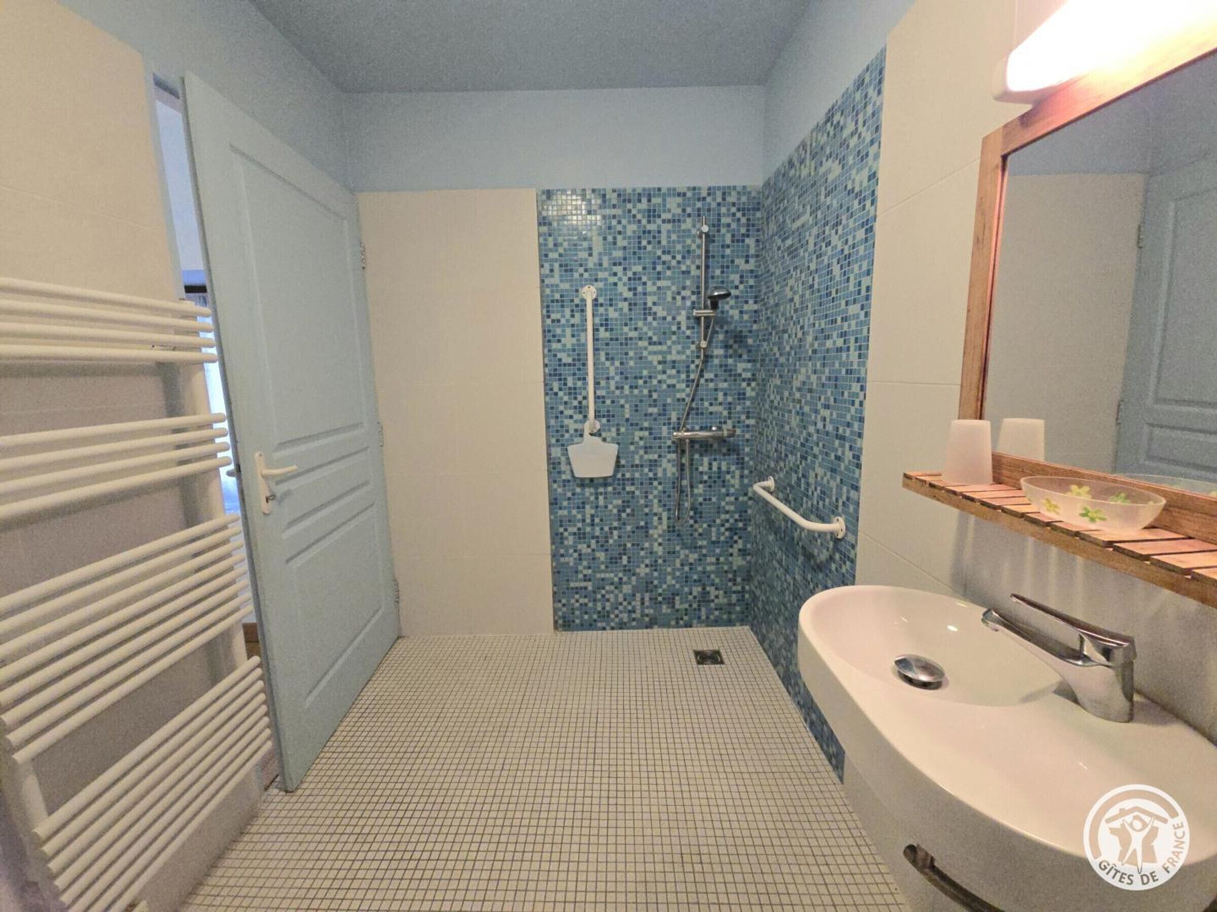 Een badkamer met een douche, een wastafel en een spiegel.
