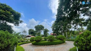 A gravel pathway surrounded by well-manicured bushes and trees, leading to a building with a red roof. - Say Resort Morning Glory (Mal)