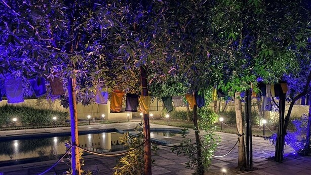 Un espace extérieur aménagé pour la nuit, avec une piscine, des arbres et des éclairages décoratifs.
