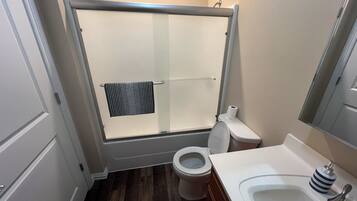 Chuveiro, secador de cabelo, toalhas de banho, papel higiênico