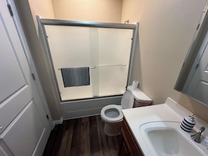 Chuveiro, secador de cabelo, toalhas de banho, papel higiênico