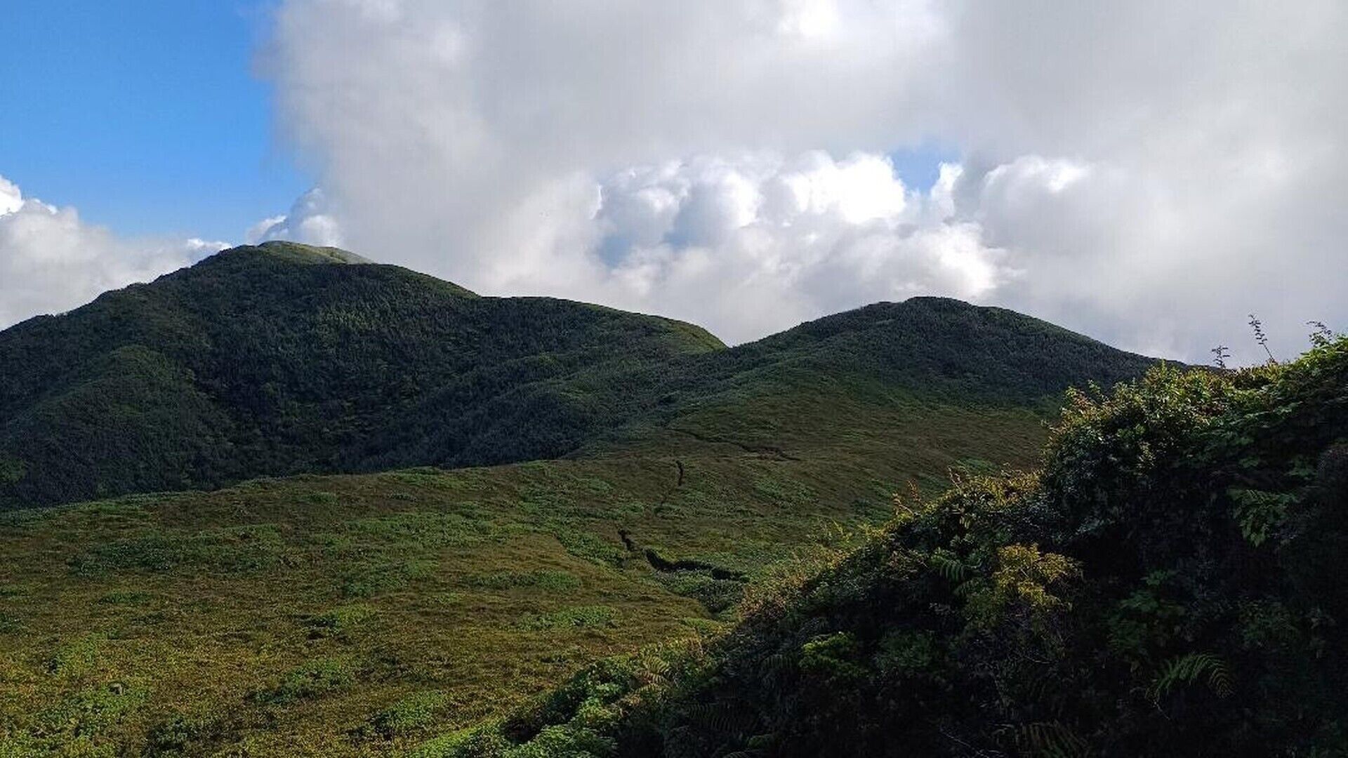 A mountainous landscape with lush greenery and a clear sky.