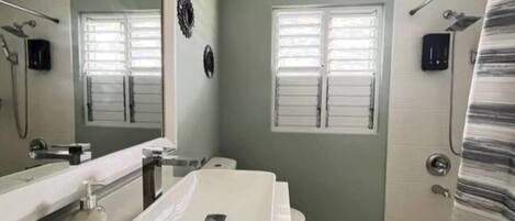 A bathroom with a white sink, a mirror, a toilet, and a shower area.
