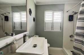 Un baño con lavamanos blanco, un espejo, inodoro y zona de ducha.
