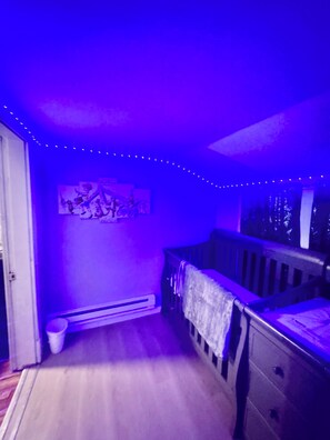 Une pièce avec un lit, un radiateur et un mur orné d’un tableau.