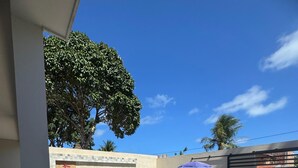 Un patio trasero con piscina, un área de patio con sillas y un árbol grande.