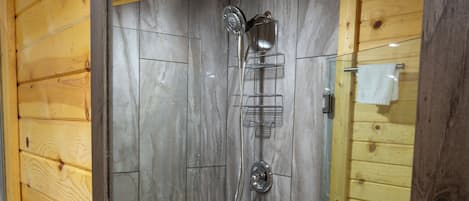 Shower, jetted bath, hair dryer, towels