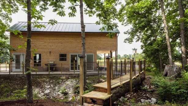 Une cabane en bois dotée d’une terrasse, entourée d’arbres et d’une clôture en métal.