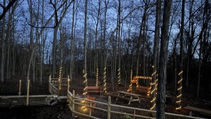 Une zone boisée avec des bancs en bois et une table de pique-nique, le tout entouré d’une clôture en bois.