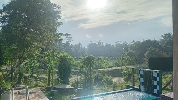 A swimming pool with a tiled edge, surrounded by greenery and a fence. - Light villa galle (Galle)