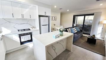 Full-sized fridge, microwave, oven, stovetop