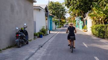 A narrow street with a person riding a bicycle, a parked scooter, and buildings with blue doors.