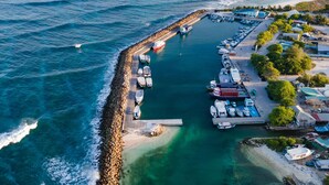 Vista aérea de una marina costera con barcos amarrados, un muelle y edificios, con una playa al fondo.