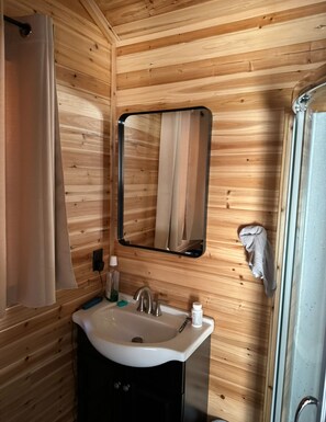 Shower, towels, soap, toilet paper