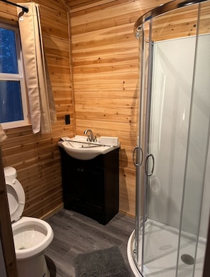 Regadera, toallas, jabón, papel de baño