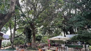 Un café en plein air avec des tables et des chaises placées sous les arbres, entouré de verdure.
