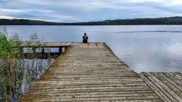 A wooden pier extending into a calm lake with a person sitting at the end, surrounded by dense greenery.