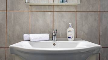 Hair dryer, towels, soap, toilet paper