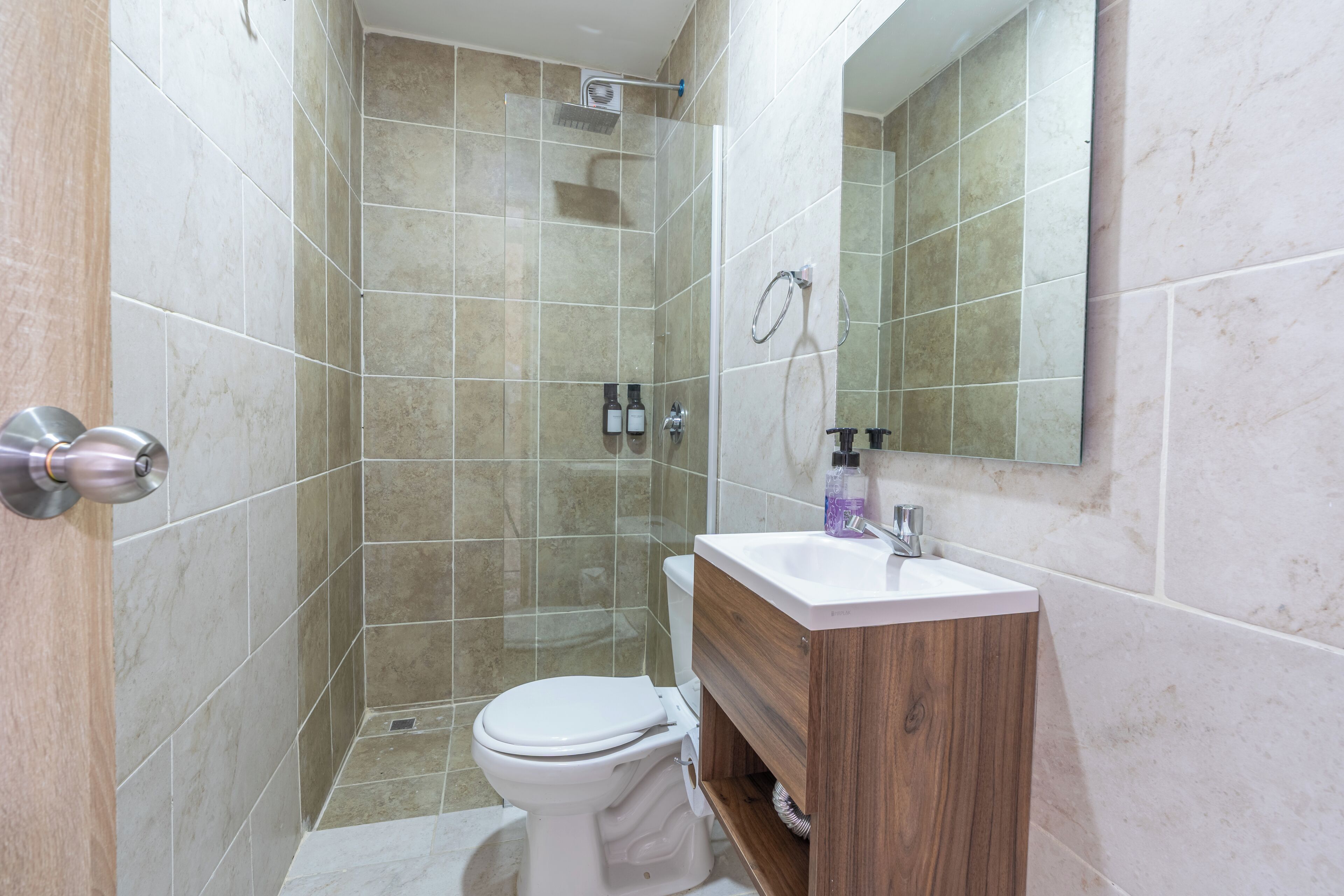 Shower, towels, soap, shampoo