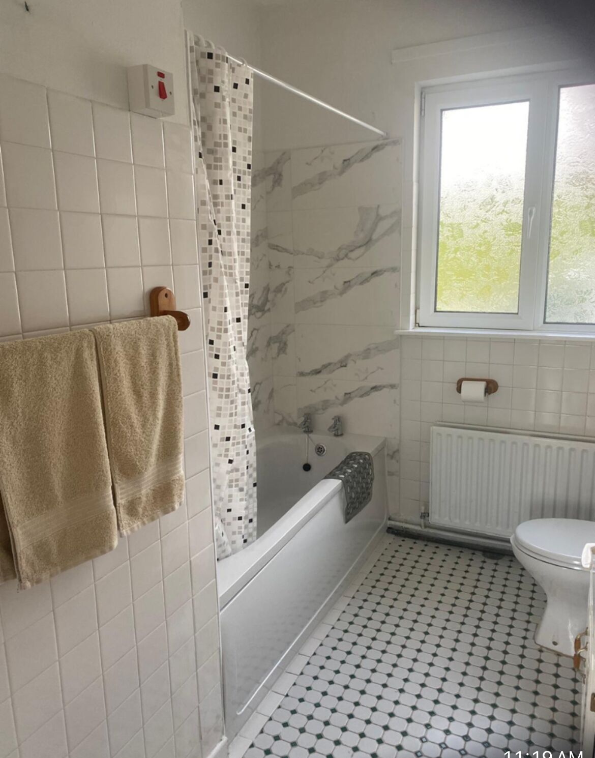 Shower, hair dryer, towels, toilet paper