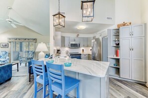 Fridge, microwave, oven, stovetop - Pet-friendly oceanside Duck home with hot tub by Sun Realty (Duck)