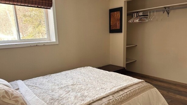 A bedroom with a bed, a window with blinds, a closet with hanging clothes, and a framed picture on the wall.