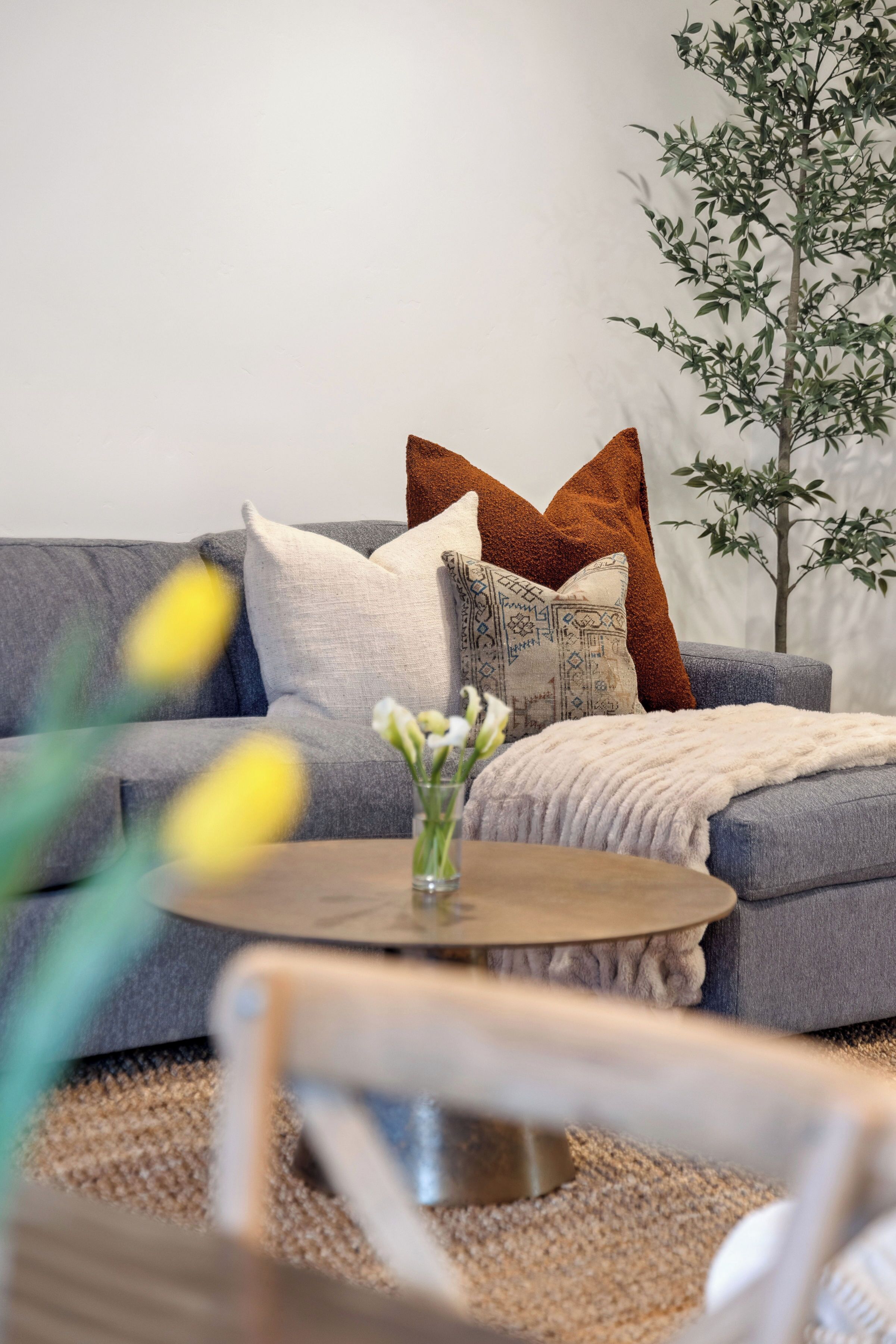 A living room with a grey sofa, a round wooden coffee table, and a small plant.