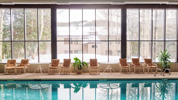 Un espace piscine agrémenté de chaises et de plantes en pot, de grandes fenêtres offrant une vue sur un paysage enneigé.