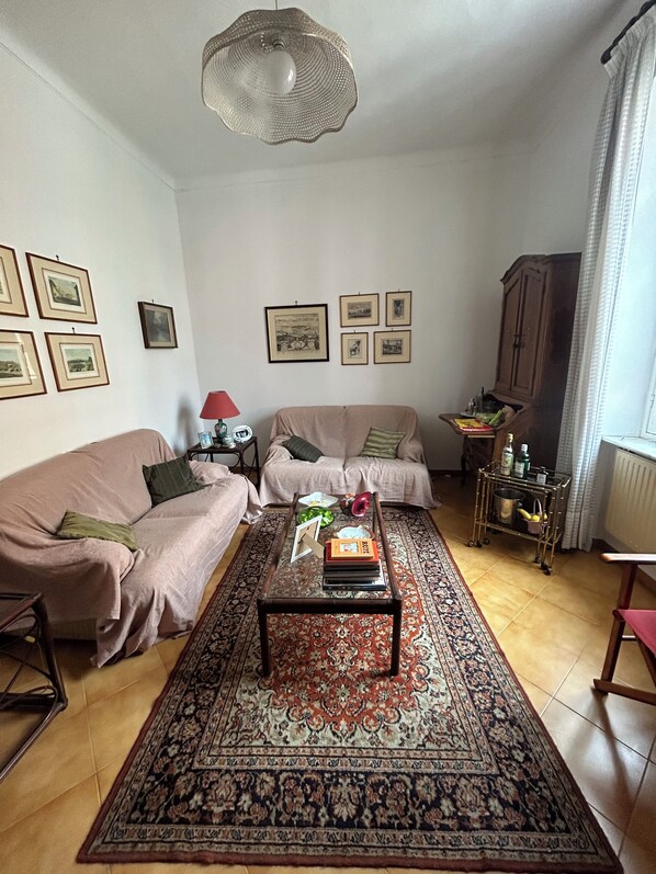 A living room with two sofas, a coffee table, a rug, and a cabinet.