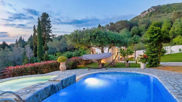 Una piscina con bordo in pietra, circondata da un giardino con diverse piante e alberi.