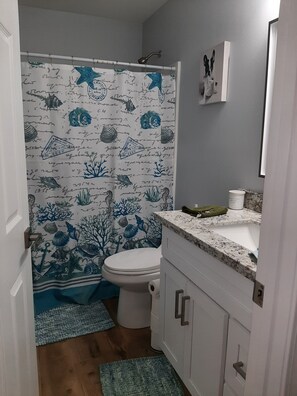 Secadora de cabello, toallas, jabón, papel de baño