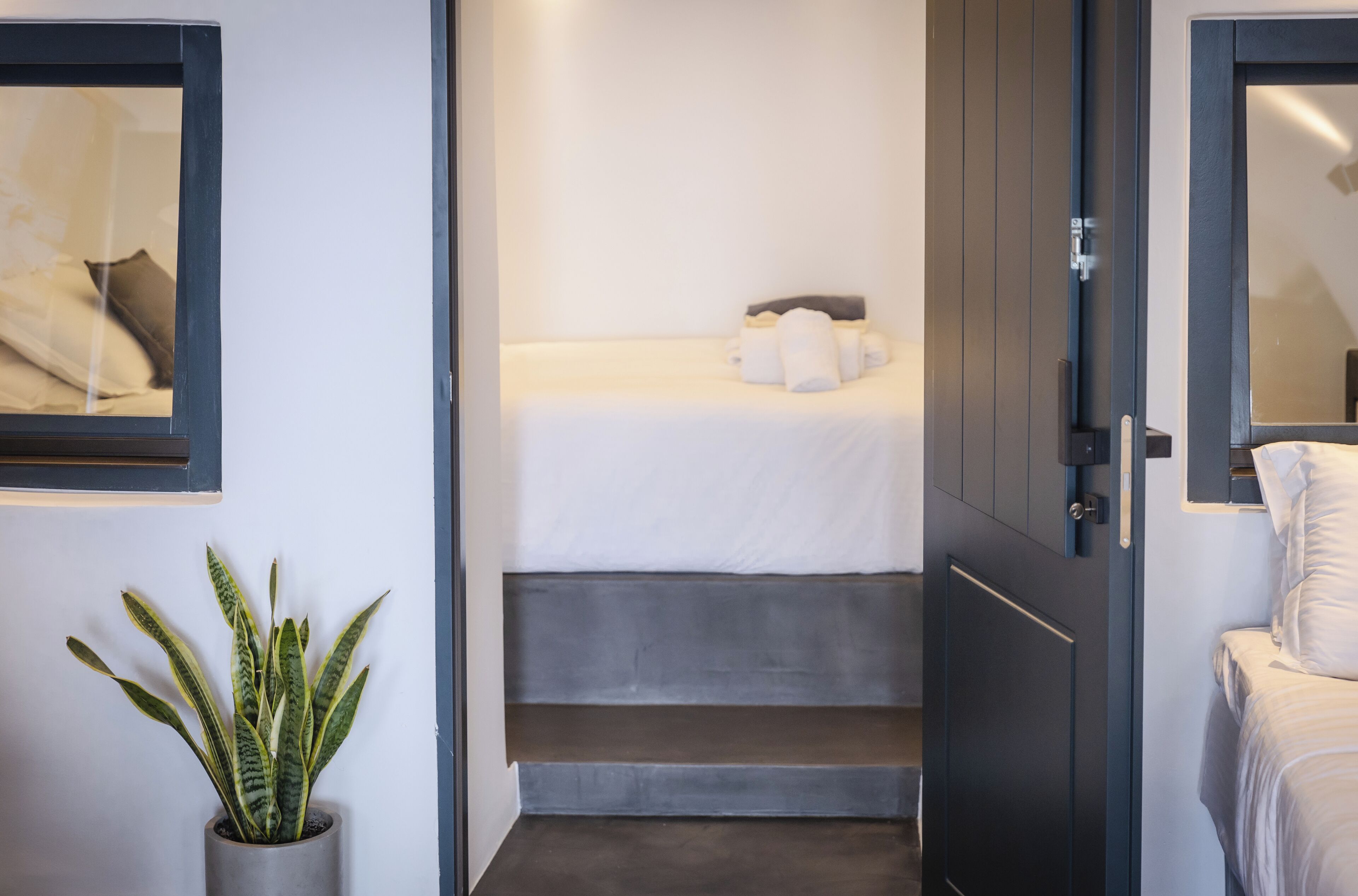 Un dormitorio con cama, una planta en maceta y una puerta que da a otra habitación.