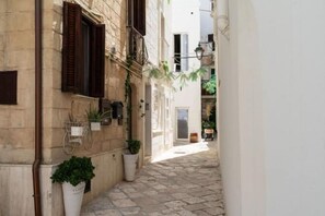 Una calle adoquinada estrecha flanqueada por edificios, algunos con contraventanas y plantas en macetas.