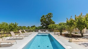Ein rechteckiger Pool mit klarem, blauem Wasser, umgeben von Liegestühlen und Bäumen.