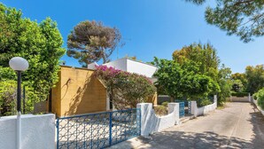 Una calle residencial con casas, un portón azul y abundante vegetación.