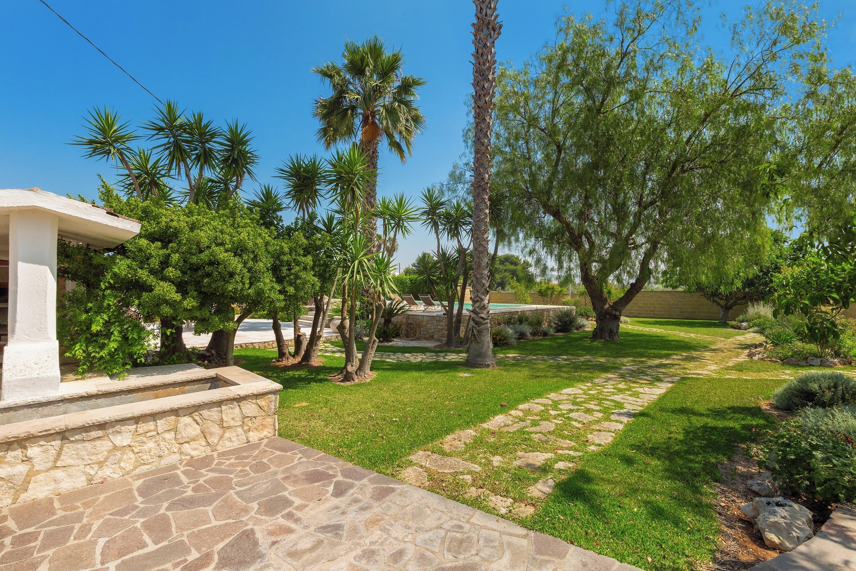 A landscaped garden with a stone pathway, palm trees, and a white building.