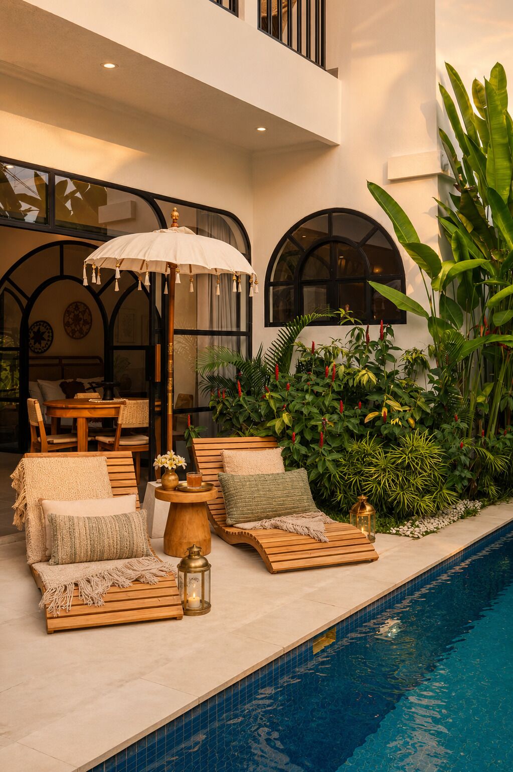 A poolside area with lounge chairs, a table, and a large umbrella.