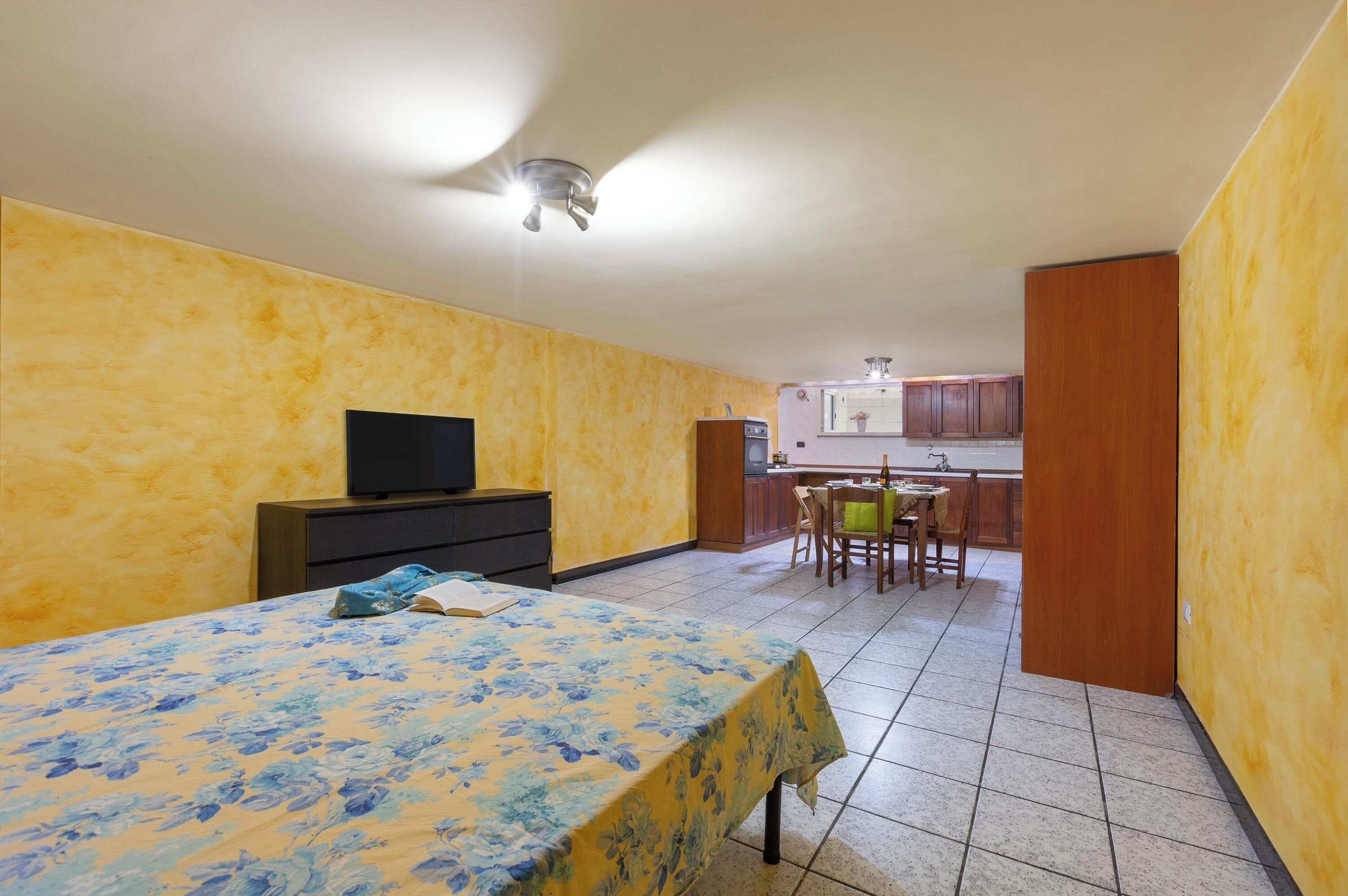 Une chambre à coucher avec un lit, une télévision et un coin cuisine en arrière-plan.