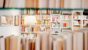 Una biblioteca con scaffali, una lampada e opere d'arte incorniciate al muro.